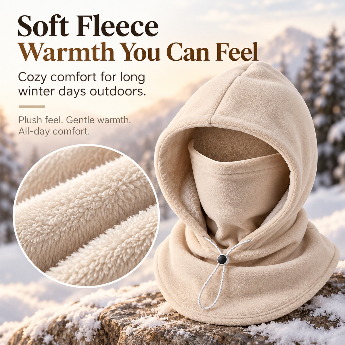 Winter activities wearing the fleece hood