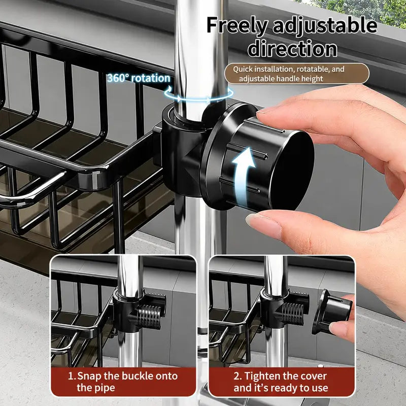 💧🧽Sink Organizer Rack,Hanging Faucet Drain Rack with Drip Tray Stainless Steel Detachable Sink Faucet Sponge Holder Over Faucet for Kitchen and Bathroom,Scrubbers, Soap,Brush