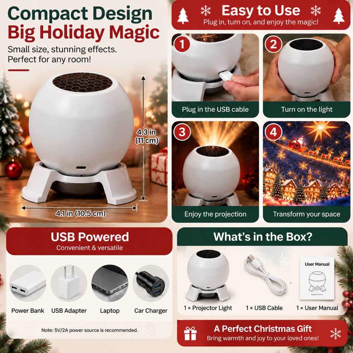 Christmas Projector Night Light - 360° Adjustable HD Holiday Pattern Ceiling Light 🎅 Indoor Xmas Decoration Lamp for Kids Bedroom, Party & Holiday Gift