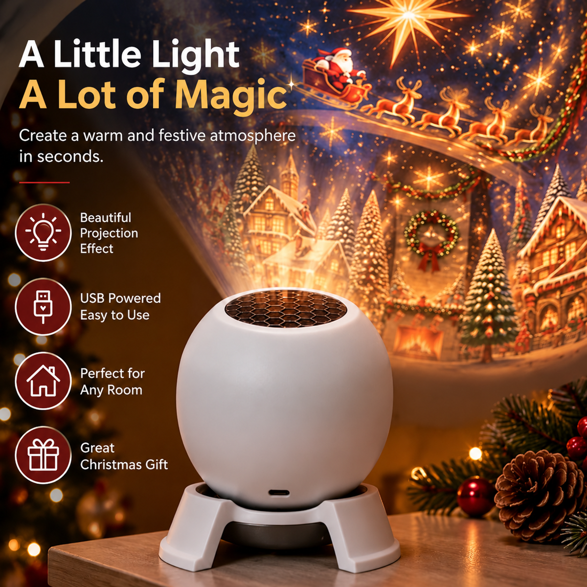 💥Christmas Projector Night Light - 360° Adjustable HD Holiday Pattern Ceiling Light 🎅 Indoor Xmas Decoration Lamp for Kids Bedroom, Party & Holiday Gift🔥